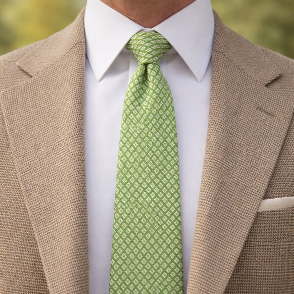 Vintage 70s Ladybug Knit Tie Lime Green Diamond Pattern Retro
